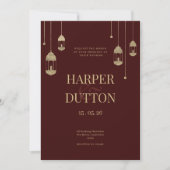 Chic luxury burgundy gold lantern lights wedding 招待状 (正面)
