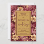 Chic Luxury Merlot Gold Floral Wedding Invitation 招待状 (正面)