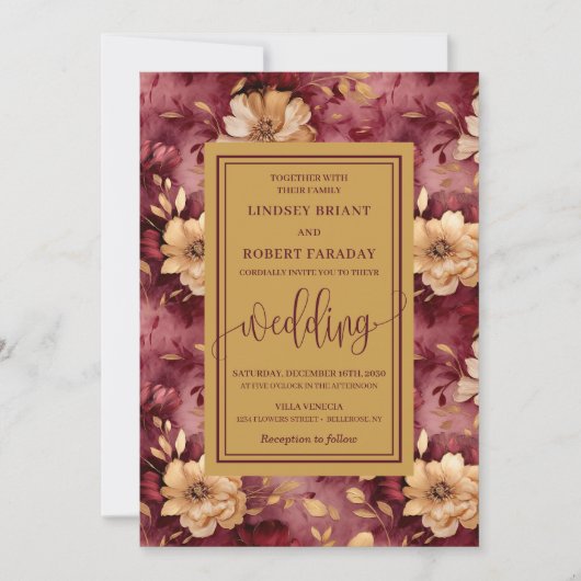 Chic Luxury Merlot Gold Floral Wedding Invitation 招待状 (正面)