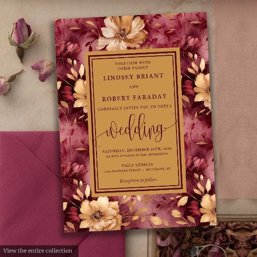 Chic Luxury Merlot Gold Floral Wedding Invitation 招待状