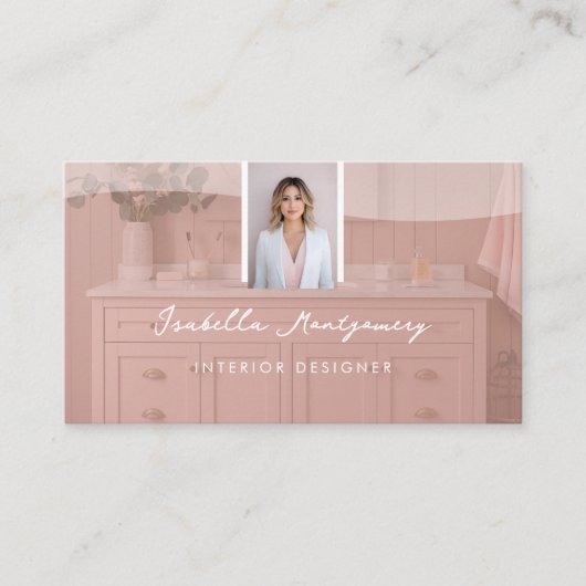 Chic Luxury Pink Script Interior Designer Photo QR 名刺 (正面)