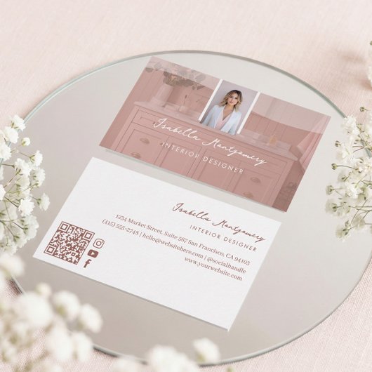 Chic Luxury Pink Script Interior Designer Photo QR 名刺