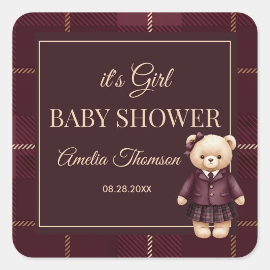 Chic Luxury Teddy Bear baby shower  スクエアシール (正面)