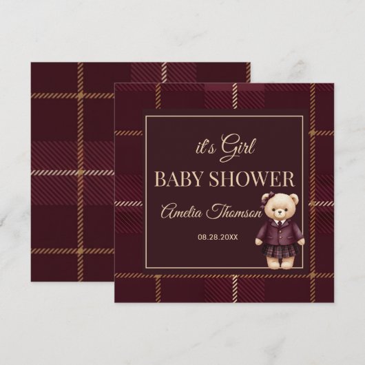 Chic Luxury Teddy Bear baby shower  招待状 (正面/裏面)
