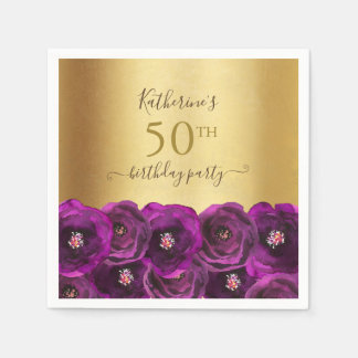 Chic Magenta Rose Floral Gold 50th Birthday Party スタンダードカクテルナプキン