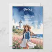 Chic Marine Landscape Lighthouse Brunette Girl 招待状 (正面)