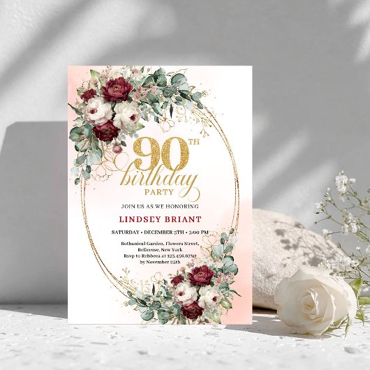 Chic Maroon Peonies Greenery 90th Birthday Invite 招待状