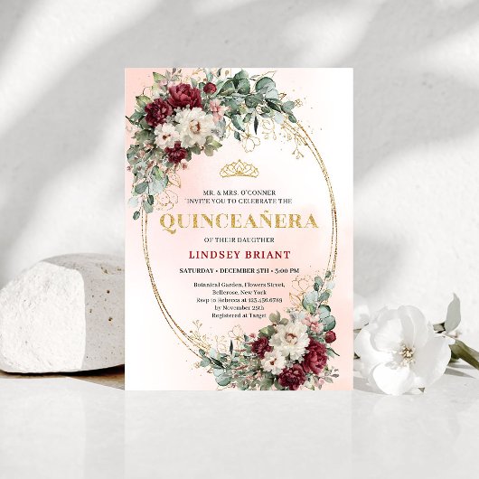 Chic Maroon Peony Eucalyptus 15th Birthday Invite 招待状