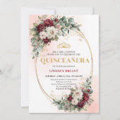 Chic Maroon Peony Eucalyptus 15th Birthday Invite 招待状 (正面)