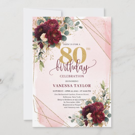 Chic Maroon White Gold Roses 80th Birthday Invites 招待状 (正面)