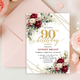 Chic Maroon White Gold Roses 90th Birthday Invite 招待状