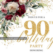 Chic Maroon White Gold Roses 90th Birthday Invite  招待状