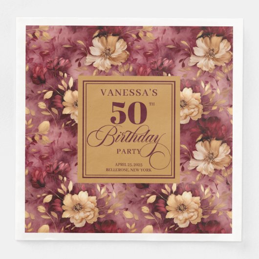Chic Marsala Blush Gold Flowers 50th Birthday  (正面)