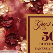 Chic Marsala Blush Gold Flowers 50th Birthday ゲストブック