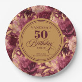 Chic Marsala Blush Gold Flowers 50th Birthday  ペーパープレート (正面)