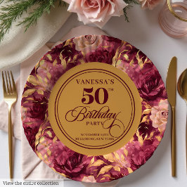 Chic Marsala Blush Gold Flowers 50th Birthday  ペーパープレート