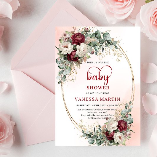 Chic Marsala Flowers Baby Shower Invitation 招待状