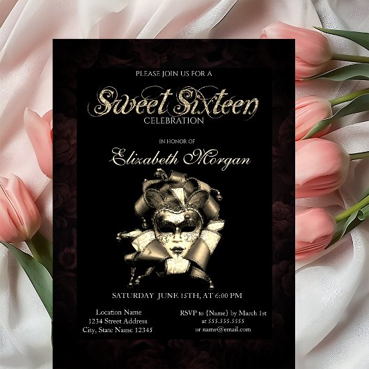 Chic Masque Roses Black Sweet 16 Invitation 招待状