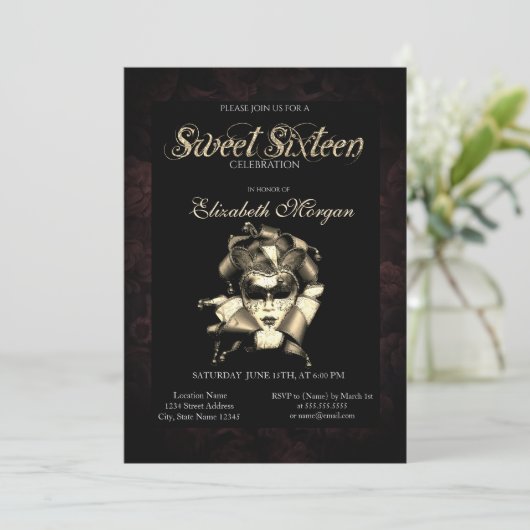 Chic Masque Roses Black Sweet 16 Invitation 招待状 (スタンド正面)