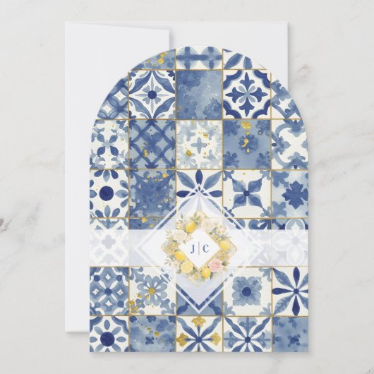 Chic Mediterranean Tiles Monogram Lemons & Flowers 招待状 (正面)