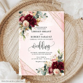 Chic merlot blush gold roses wedding invitation 招待状