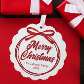 Chic Merry Christmas Script Red Ribbon Bow Custom オーナメントカード