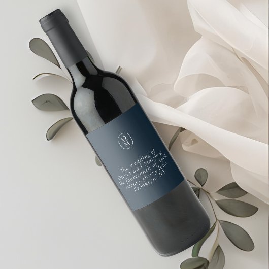 Chic Midnight Blue Monogram Wedding ワインラベル