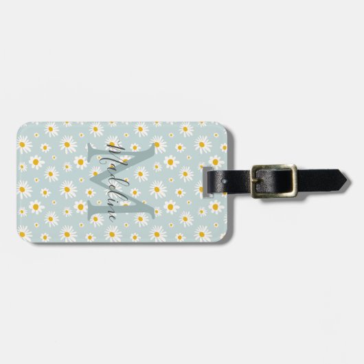 Chic Minimal Daisy Teal Script Monogram ラゲッジタグ (正面横)