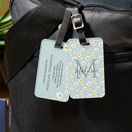 Chic Minimal Daisy Teal Script Monogram ラゲッジタグ