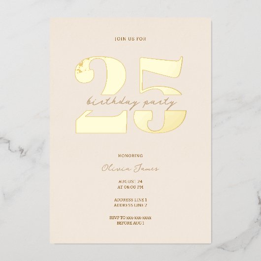 Chic minimalist 25th birthday  箔招待状 (正面)