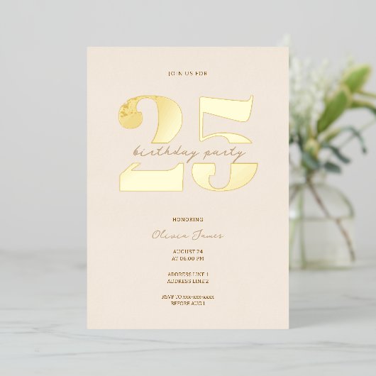 Chic minimalist 25th birthday  箔招待状 (立ち正面)