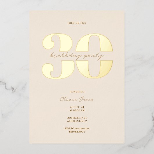 Chic minimalist 30th birthday  箔招待状 (正面)