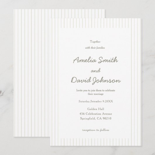 Chic Minimalist Stripe Green Wedding Invitation  招待状 (正面/裏面)