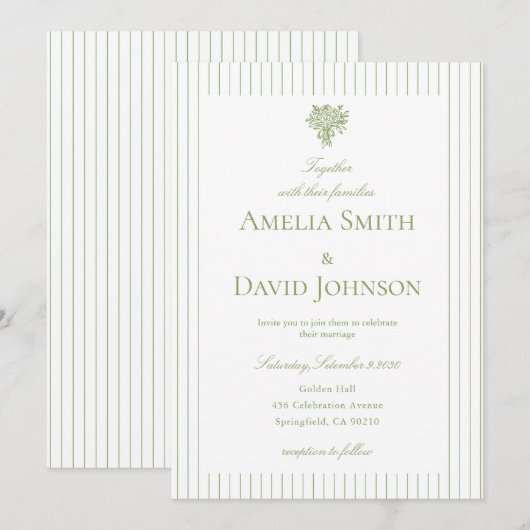 Chic Minimalist Stripe Green Wedding Invitation  招待状 (正面/裏面)