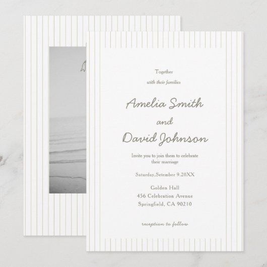 Chic Minimalist Stripe Green Wedding Invitation  招待状 (正面/裏面)