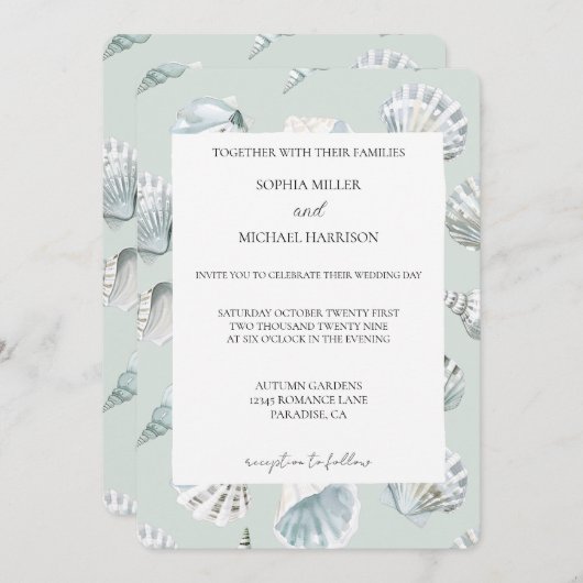 Chic Mint Blue Beach Shells Wedding 招待状 (正面/裏面)