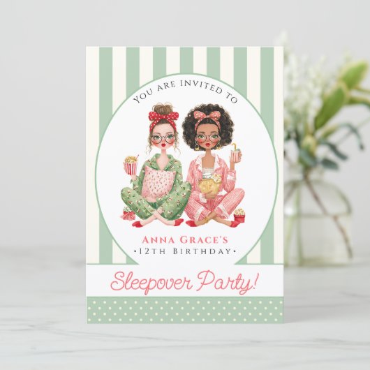 Chic Mint Stripe Girls Sleepover Birthday 招待状 (スタンド正面)