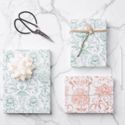 Chic Mint White Peach Floral Wedding ラッピングペーパーシート (正面)