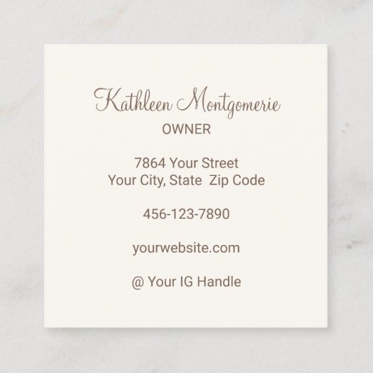 Chic Mocha Brown Cream Script 3 Photo Lashes Brows スクエア名刺 (裏面)