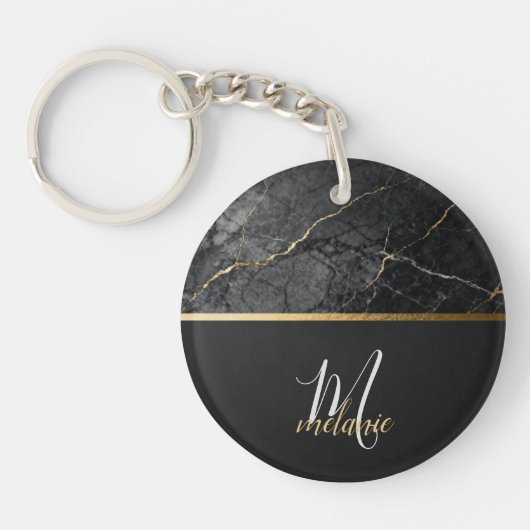 Chic modern Black grey marble gold monogram キーホルダー (正面)