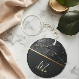 Chic modern Black grey marble gold monogram キーホルダー
