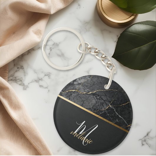 Chic modern Black grey marble gold monogram  キーホルダー
