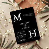 Chic Modern Monogram Initial Black White Wedding 招待状