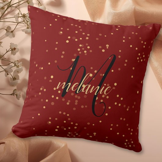 Chic Modern Red & Gold Monogram クッション