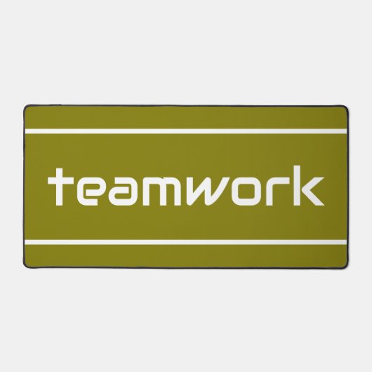 Chic Modern White TEAMWORK Stripes On Golden Olive デスクマット (正面)