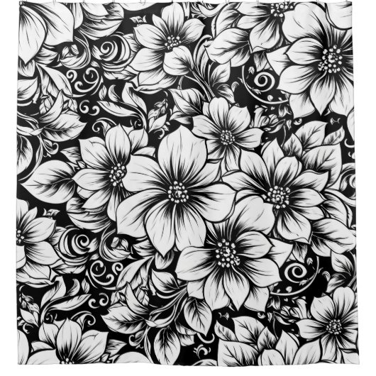 Chic Monochrome Floral Luxury Pattern (1) シャワーカーテン (正面)