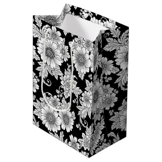 Chic Monochrome Floral Luxury Pattern (2) ミディアムペーパーバッグ (正面アングル)