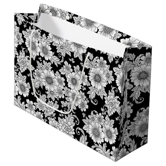 Chic Monochrome Floral Luxury Pattern (2) ラージペーパーバッグ (正面アングル)