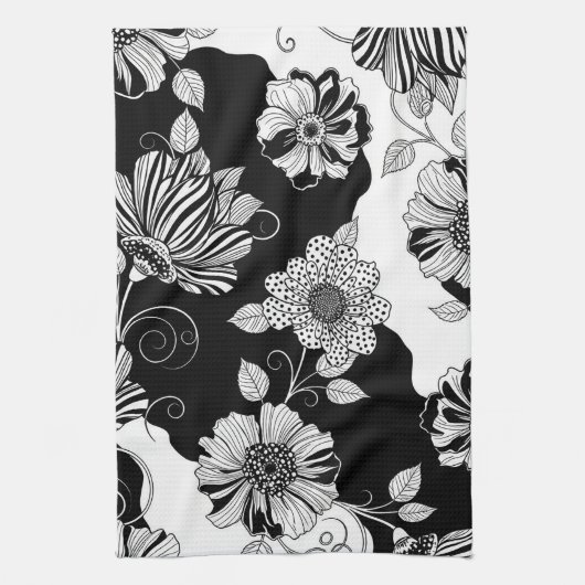 Chic Monochrome Floral Luxury Pattern (4) キッチンタオル (縦)