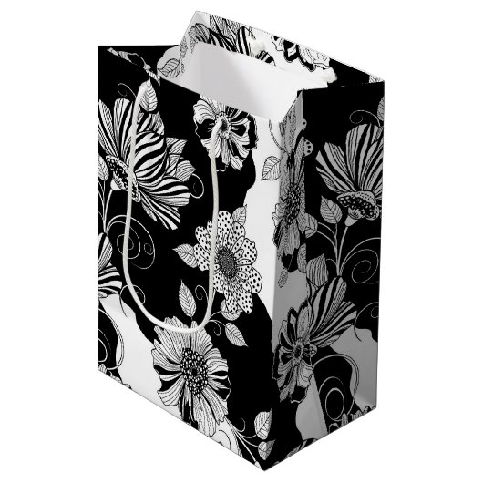 Chic Monochrome Floral Luxury Pattern (4) ミディアムペーパーバッグ (正面アングル)